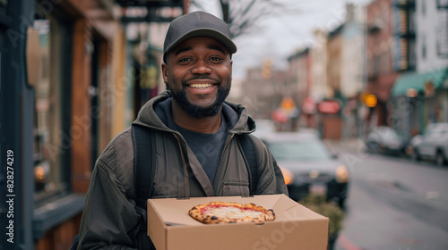 Male deliveryman holding a pizza box for a contactless delivery