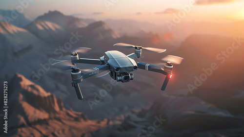 A black and gray drone with four propellers flying in front of a mountainous landscape.