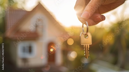 Hand holding house keys with new house blurred background