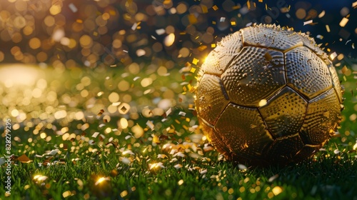 Close up of gold football ball on the grass of stadium field background with confetti. Goal Winning celebration. Football europe championship in Germany wide banner concept with copy space.