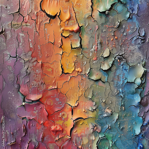 a close up of a colorful painting of paint peeling off of a wall