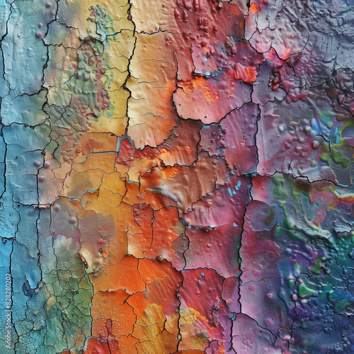 a close up of a colorful painting of paint peeling off of a wall