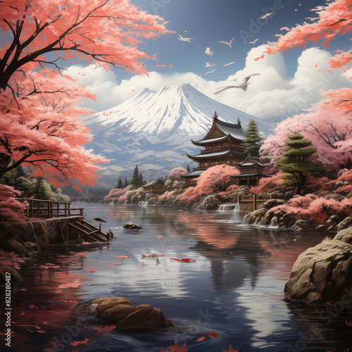painting of a japanese landscape with a pagoda and a river