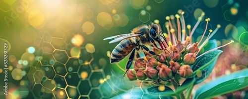  close-up of a bee pollinating a vibrant flower, highlighting the interconnectedness of technology and nature. 