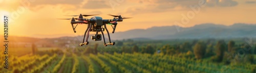 drone delivering a package to a rural home, with lush green fields below