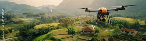 drone delivering a package to a rural home, with lush green fields below
