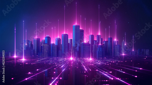 Vector illustration of a smart city on a wireless signal floor. Iconic technology references. All elements are in separate layers . Easy to modify. 