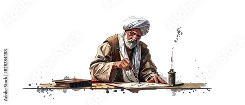 An elderly man in traditional attire deeply focused on writing at a wooden desk, surrounded by books, ink and quill in hand.