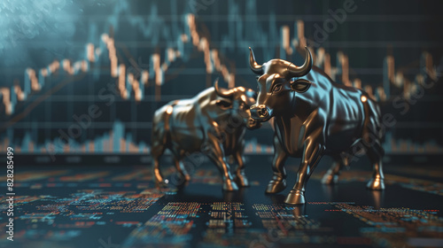 Two bulls are standing in front of a graph with a downward trend