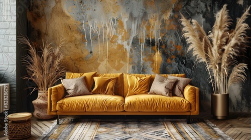 Vibrant Velvet Sofa in Artfully Designed Living Space with Bohemian Flair