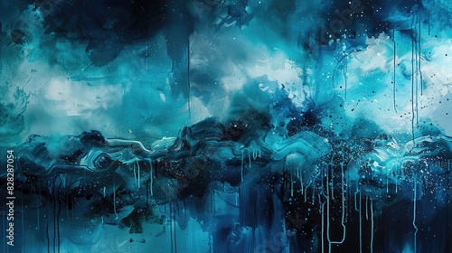 Surrealistic Abstract Painting with Blue and Black Hues Displayed in a Gallery Setting