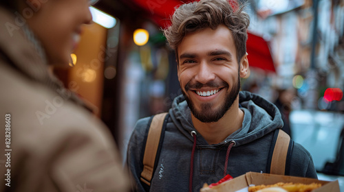 Smiling man receiving a takeaway order from a delivery person