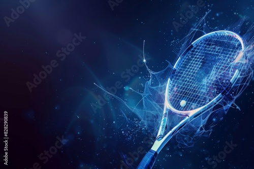 Tennis racket with a glowing design on it, sport background 