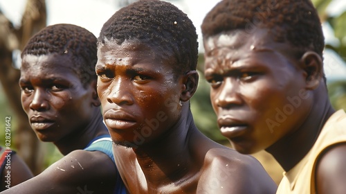 Young men of Equatorial Guinea. Equatorial Guinean men.Three young men with intense gazes and traditional face paint pose outdoors, exuding cultural pride and solidarity. 