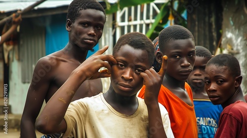 Young men of Liberia. Liberian men.A group of young African boys posing candidly on a village street with expressions of curiosity and confidence. 