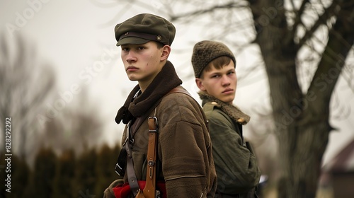Young men of Belarus. Belarussian men.Two young men in vintage military attire stand solemnly outdoors with a barren tree in the background, evoking a historical war-era mood. 