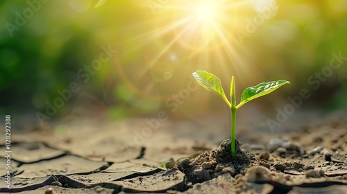 Young plant in the morning light on ground background, New life concept. 