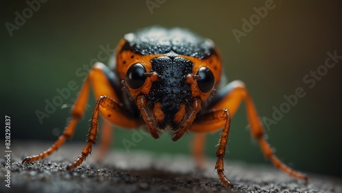 A close up of a bug with bright orange eyes and antennae,.