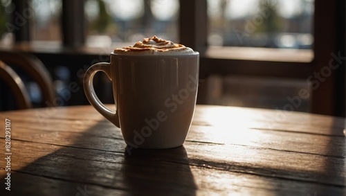 Mug of cappuccino on the wooden table, In the cafe near window with hard shadow sunlight. Leisure lifestyle.