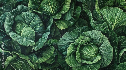 Verdant vitality: A lush tapestry of cabbage leaves showcases nature's intricate patterns and vivid greens