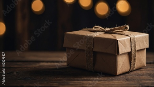 ?raft gift box with small paper mock up for note on wooden background. Eco present concept.