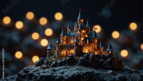 A miniature castle with lit windows on a rock formation,.