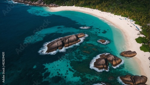 Aerial photo of tropical Seychelles beach at La Digue island.