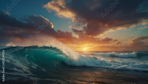 Ocean waves hit the shore, sunset over the ocean. Generative AI