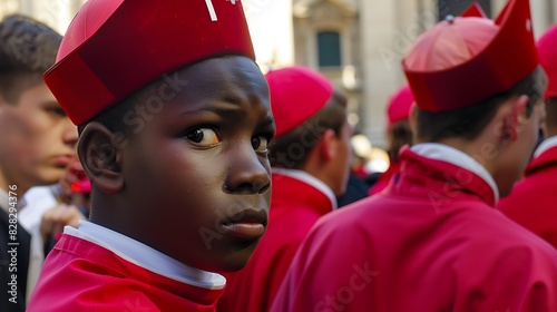 Young men of Vatican City. Vatican men.A young boy in a red uniform looks thoughtfully to the side amidst a crowd of similarly dressed individuals 