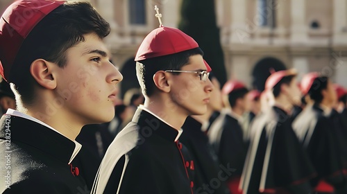 Young men of Vatican City. Vatican men.Young individuals dressed in religious attire participating in a ceremony with solemn expressions 