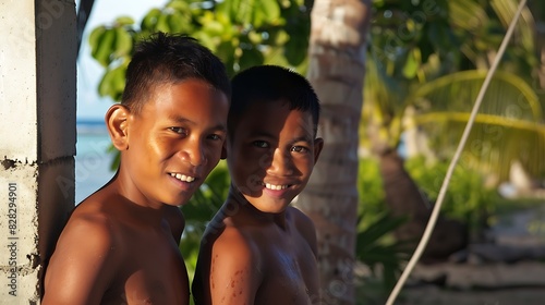 Young men of Marshall islands. Marshallese men.Two smiling boys enjoying a sunny day outdoors near a tropical beach 