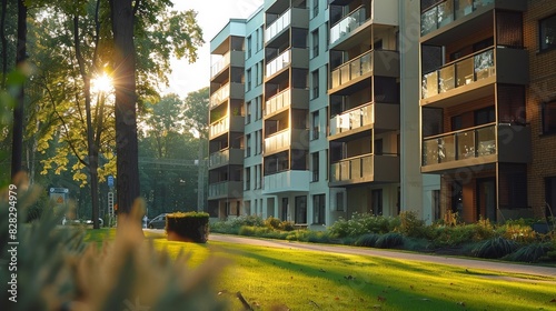 A modern apartment block near a park. Generative AI.