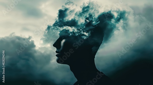 A conceptual image showing a person's silhouette with a stormy sky inside their head, symbolizing the struggles of mental illness and emotional turbulence 
