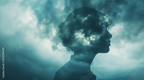 A conceptual image showing a person's silhouette with a stormy sky inside their head, symbolizing the struggles of mental illness and emotional turbulence