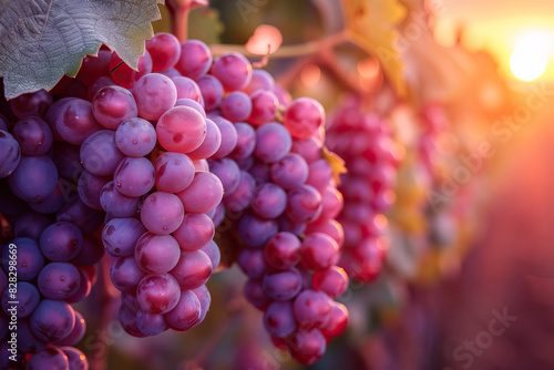 A bunch of red grapes hanging from a vine in a vineyard at sunset