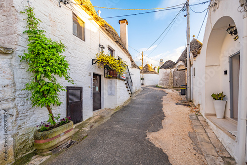 Trulli of Alberobello, Puglia, Italy. town of Alberobello with trulli houses among green plants and flowers