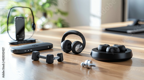 A pair of black headphones, a black smartphone, a pair of dumbbells, a set of small weights, a black resistance band, and a black t-shirt.
