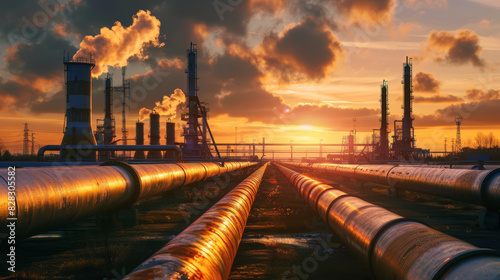 A sunset over a large industrial area with many oil and gas pipelines