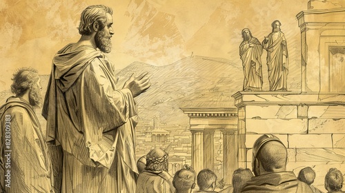 Biblical Illustration of Paul Preaching on Mars Hill, Areopagus, Athenians Listening, Beige Background, Copyspace