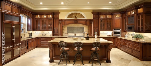 royal modern elegant wooden kitchen with wooden dinning table chairs and cabinets 