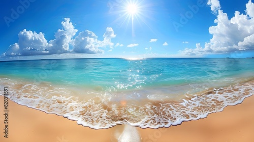 Summer vacation, tropical beach with blue sky and sea for relaxation, panoramic beach background, summer holiday with beautiful nature sand, sunlight, ocean water 