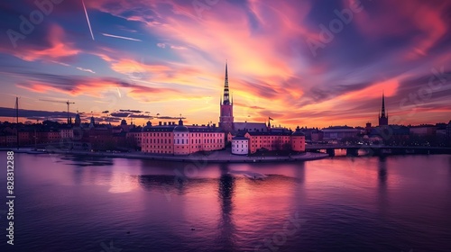 Sunset over Riddarholmen church in old town Stockholm city, Swed dusk, horizontal, photography, waterfront, tower, sweden, travel destinations, capital cities, church, famous place, old town, stockhol