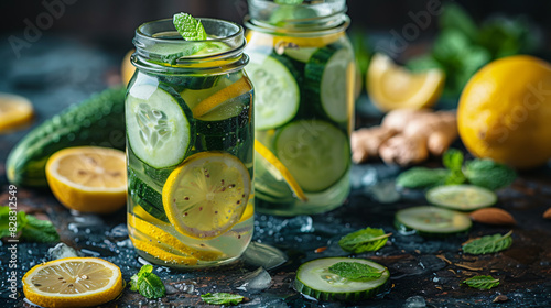 Infused detox water with cucumber lemon ginger