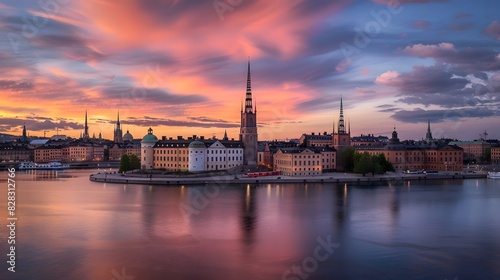 Sunset over Riddarholmen church in old town Stockholm city, Swed dusk, horizontal, photography, waterfront, tower, sweden, travel destinations, capital cities, church, famous place, old town, stockhol