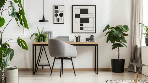Modern Minimalist Home Office with Clean Desk, Stylish Chair, and Black-and-White Wall Art Accentuated by Green Plants and Office Supplies