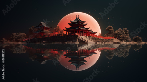 arafed image of a red pagoda with a full moon in the background