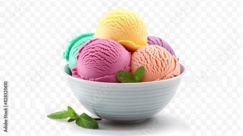 colorful rainbow sherbet ice cream in a bowl on solid transparent background