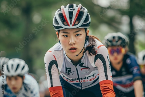 Asian Chinese female cyclist leading during cycling event 