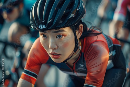 Asian Chinese female cyclist leading during cycling event 