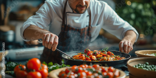 chef preparing a meal in a kitchen with tomatoes and other vegetables